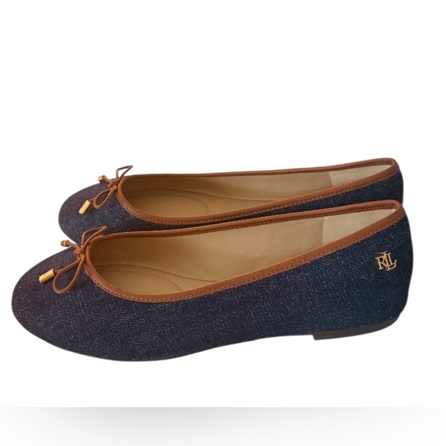 Lauren Ralph Lauren Jayna Denim Ballet Flats Vayra Wash Bow Logo NIB Size 7.5B