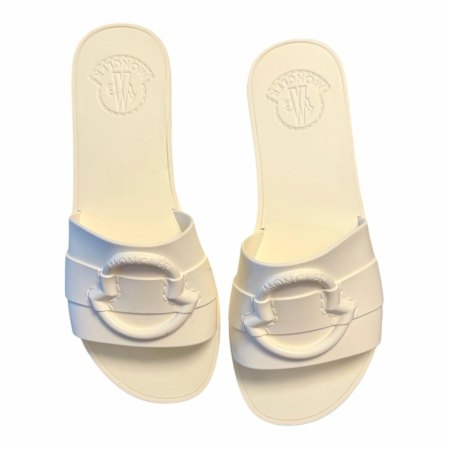Moncler Mon Slide Sandals Cream Size 37 NIB Logo Minimalist Luxury Made in Italy
