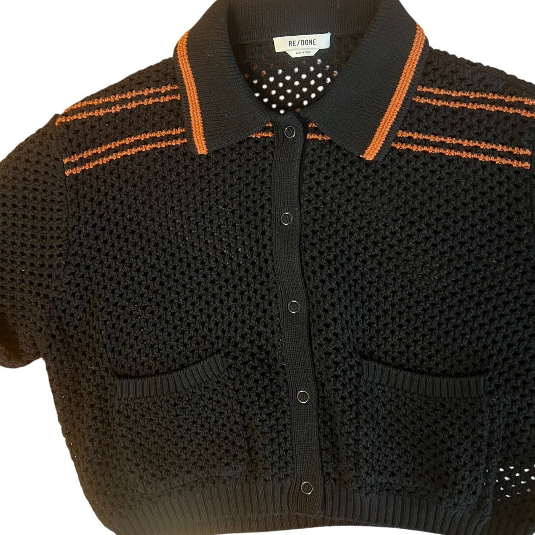 RE/DONE Black Crochet Mesh Polo Cardigan Women’s Size L