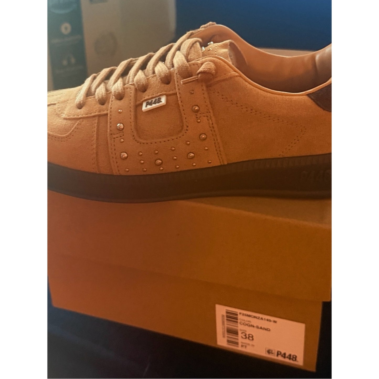 P448 Monza Cognac Sand Suede Studded Sneakers NIB EU 38 US 7.5/8