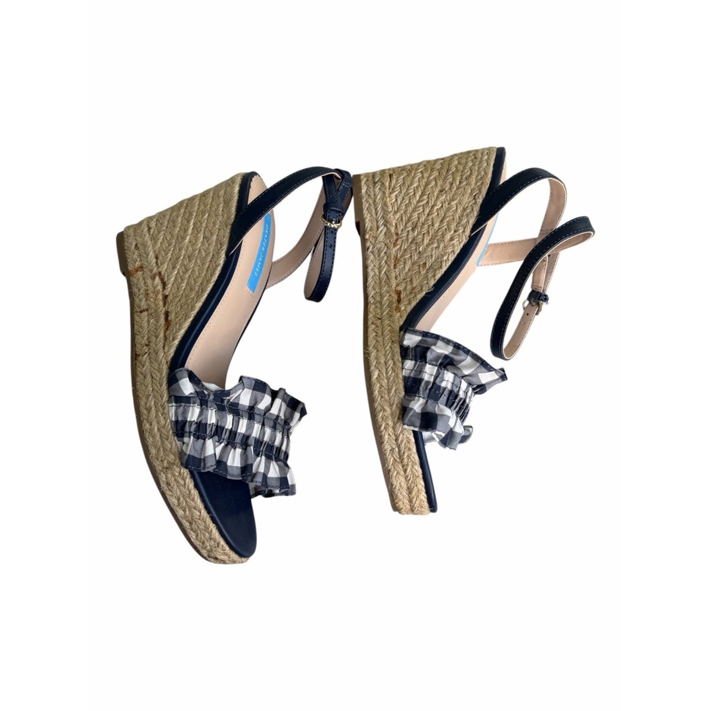 Draper James Abigail Navy Gingham Ruffle Espadrille Wedge Sandals NIB Size 7