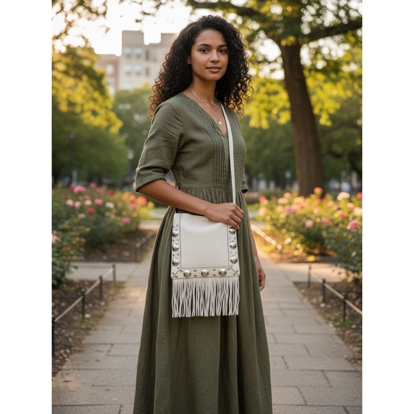 VALENTINO GARAVANI NELCOTE Ivory Leather Fringe Studded Shoulder Bag NWT