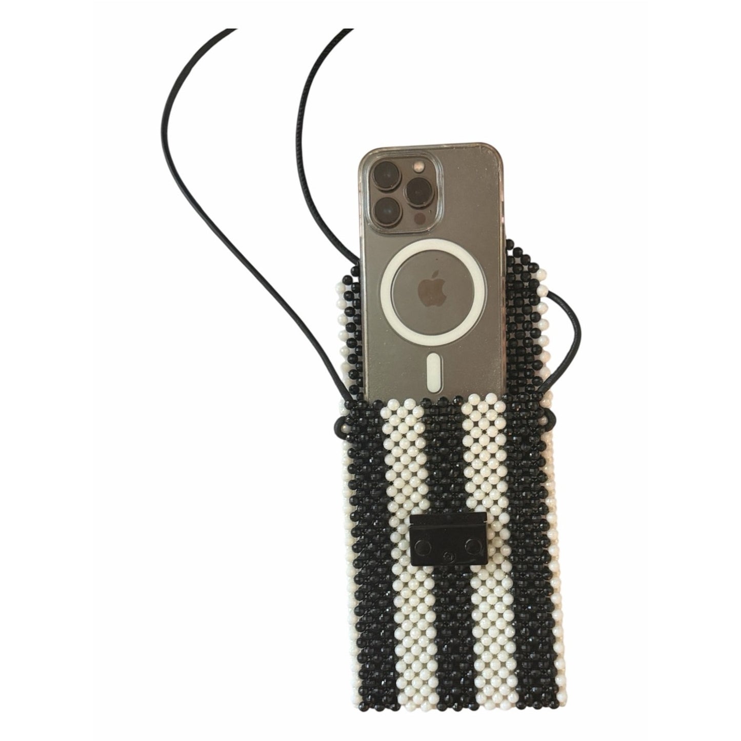 Furla Beaded Phone Crossbody Bag Black & Ivory Mini Pouch Italy