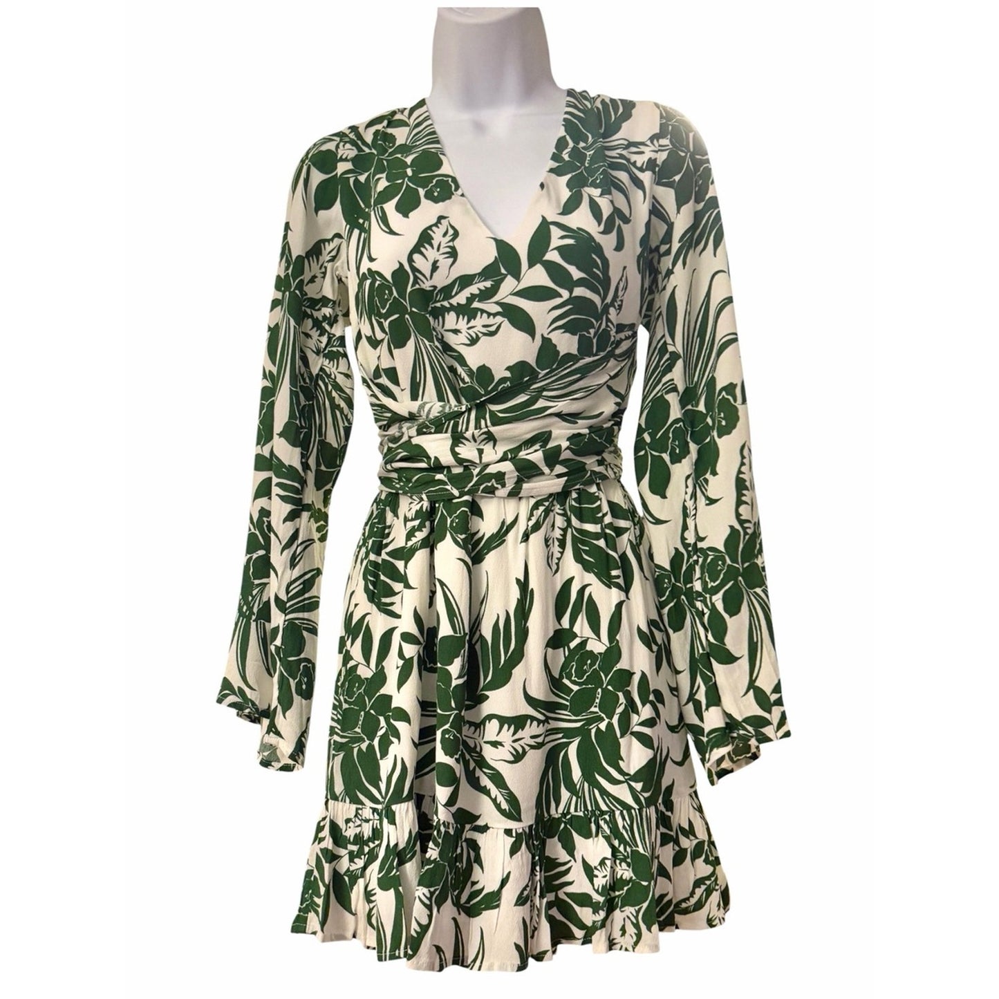 L*SPACE NWT Green Tropical Belted Mini Dress Medium Bell Sleeve Resort Vacation