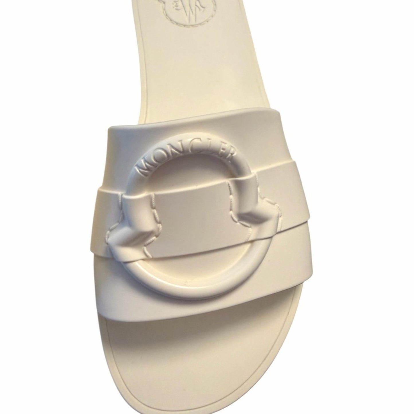 Moncler Mon Slide Sandals Cream Size 37 NIB Logo Minimalist Luxury Made in Italy
