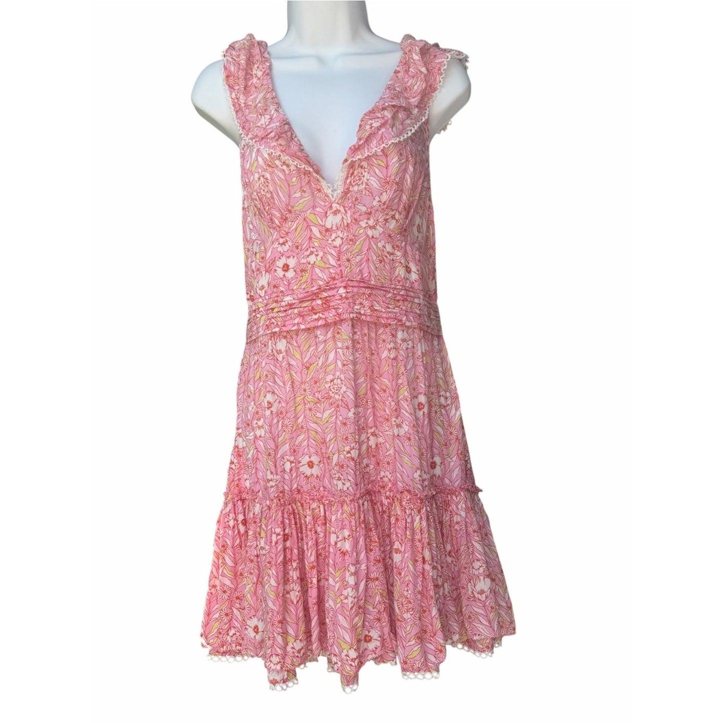 Poupette St. Barth Bruna V Mini Dress – Pink Garland Flowers – Size Large