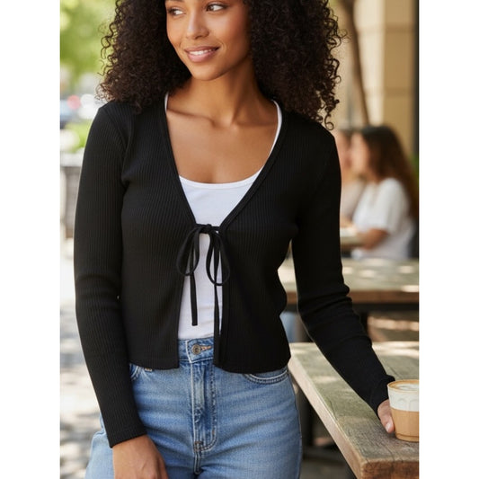ETCETERA Black Silk Summer Sweater Tie Front Ribbed Cardigan M NWT