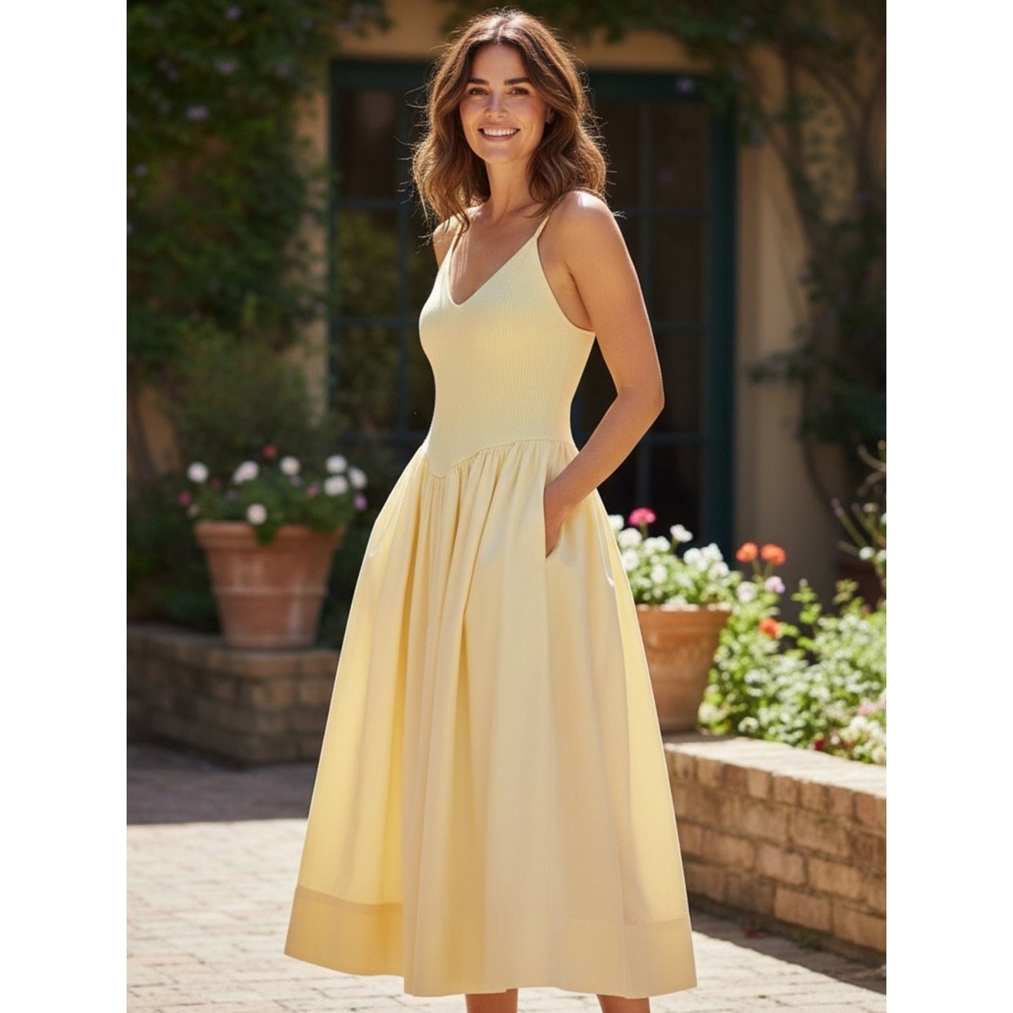 Torn by Ronny Kobo Monica Dress Lemon Butter Rib Knit Poplin Midi Dress NWT Size M
