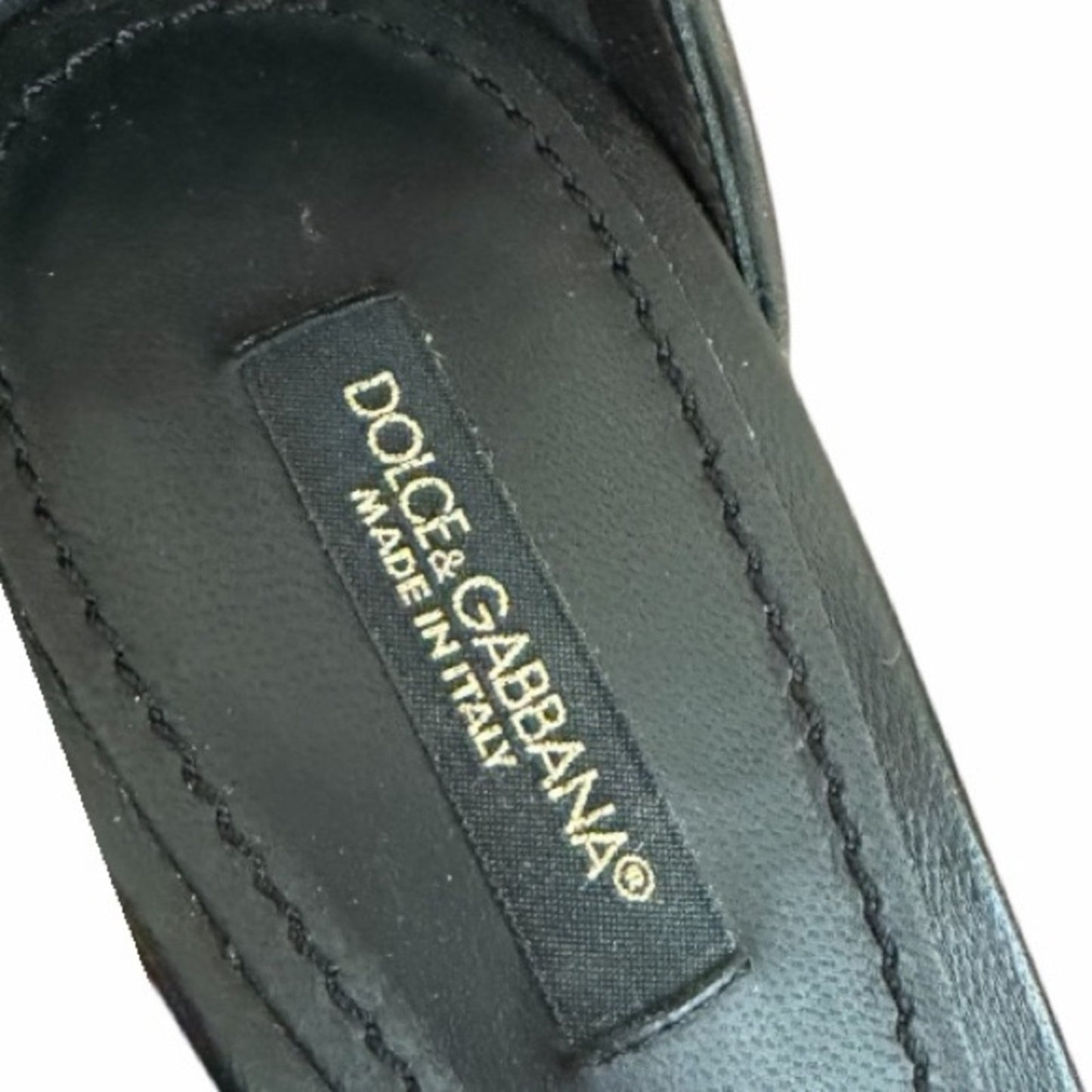 Dolce & Gabbana Black Leather Gold Logo Heel Sandals IT 38 NIB