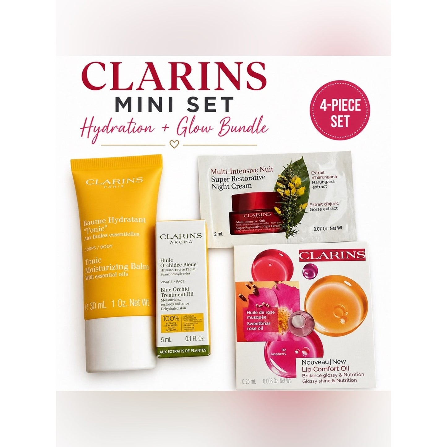 Clarins Mini Set Hydration Glow Bundle Blue Orchid Oil Balm Lip Oil 4pc