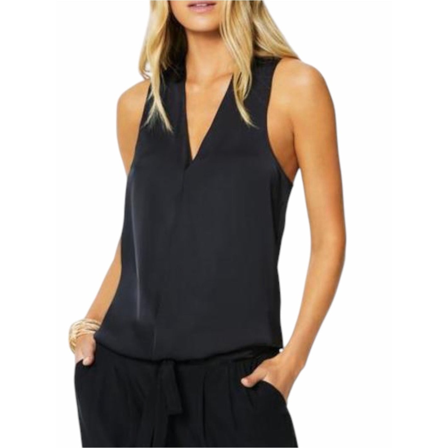 NWT Ramy Brook Jilly Black Satin Charmeuse Sleeveless V-Neck Blouse Small