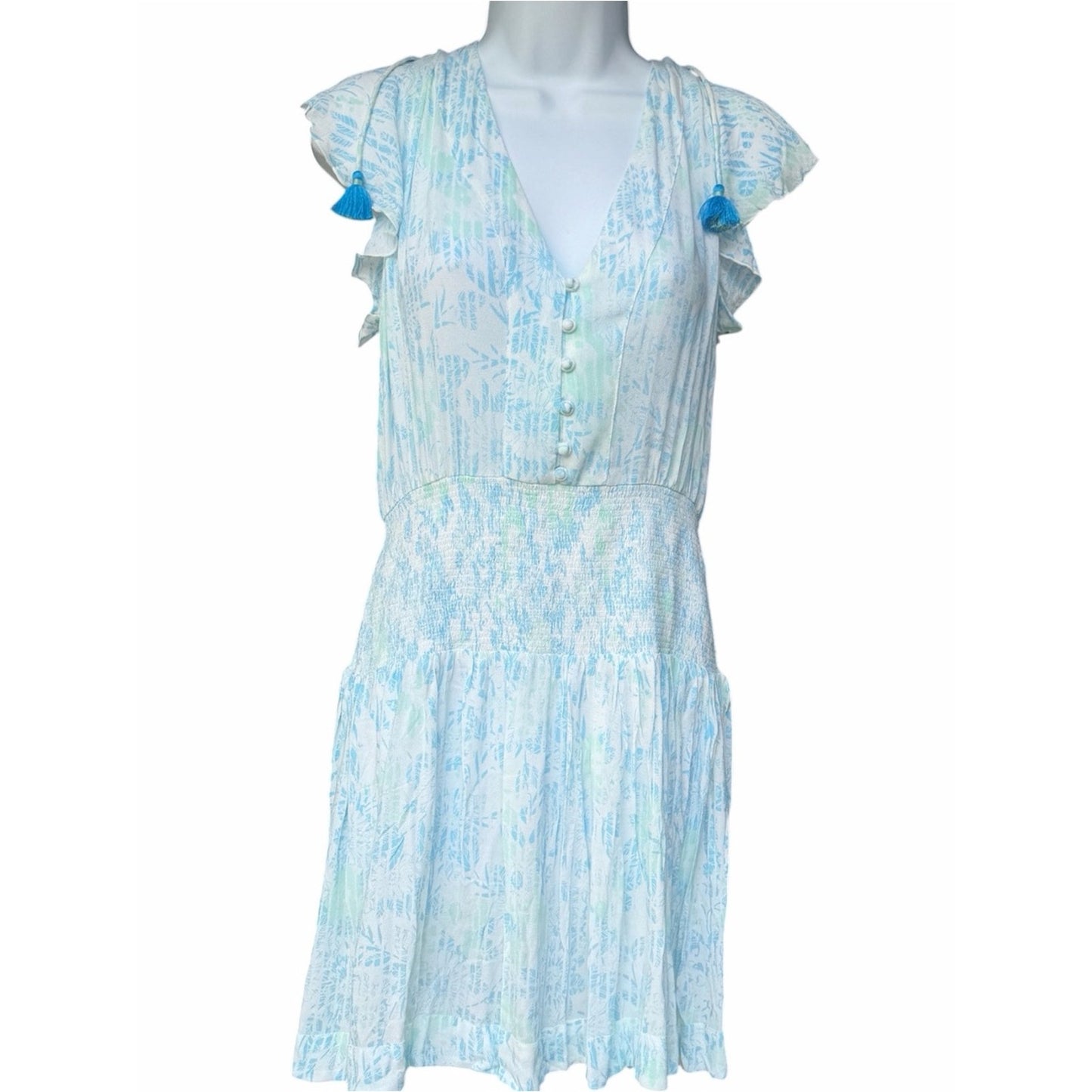Poupette St Barth Rachel Smocked Mini Dress Sky Blue Breeze Blue Resort NWT L