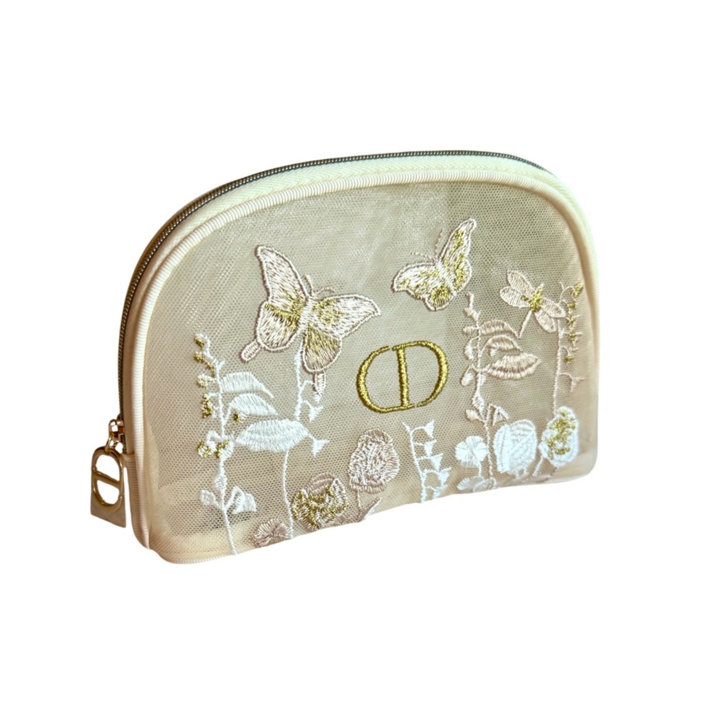 Authentic Dior butterfly embroidered cosmetic  mesh pouch w/Gold Logo NIB