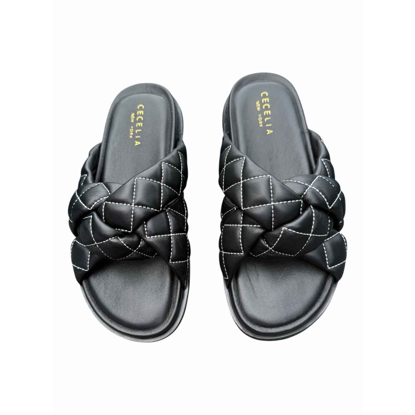 Cecelia New York Ellie Quilted Braided Leather Slide Sandals Black  5.5 New With Box