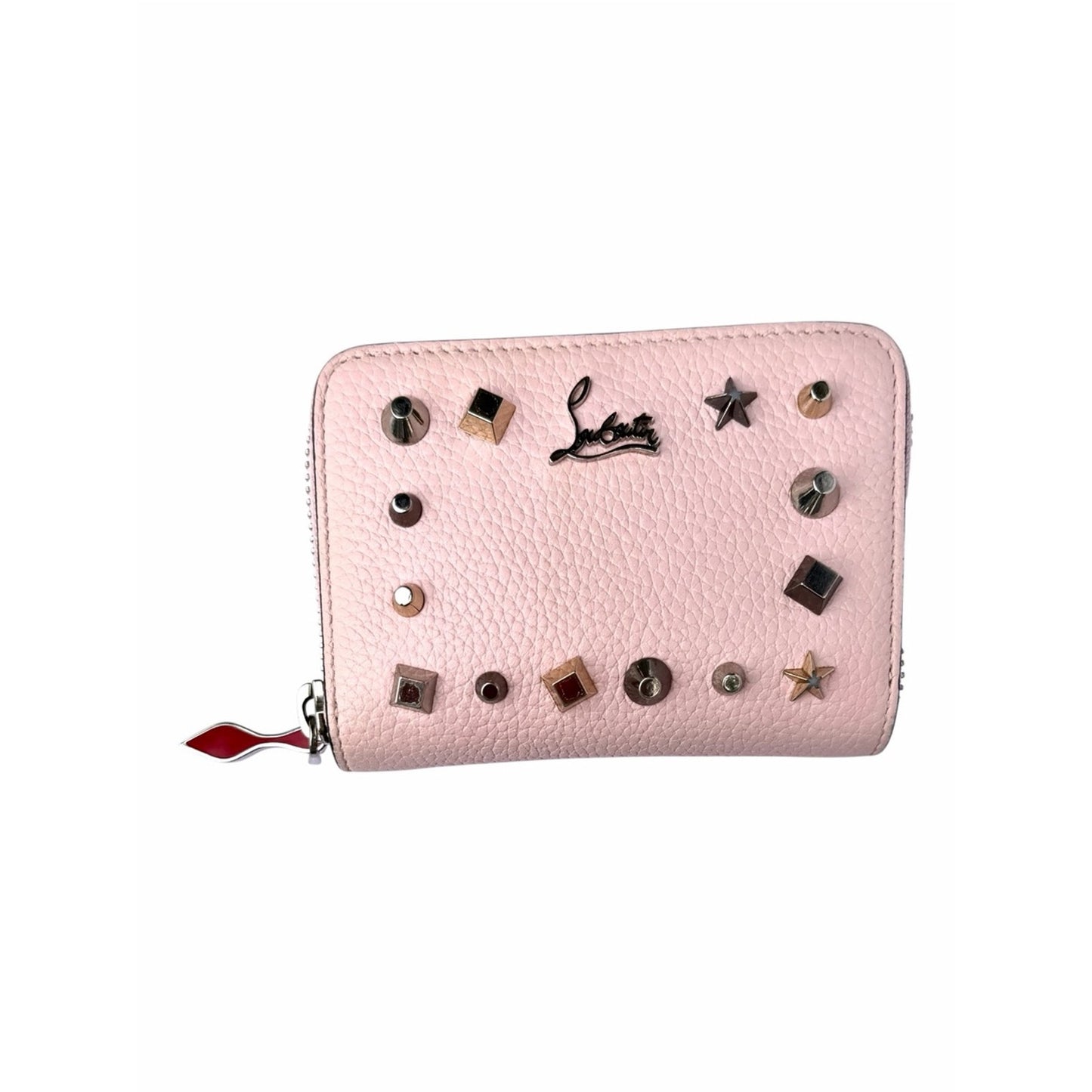 Christian Louboutin Blush Pink Studded Zip Around Coin Card Wallet W/Red Charm