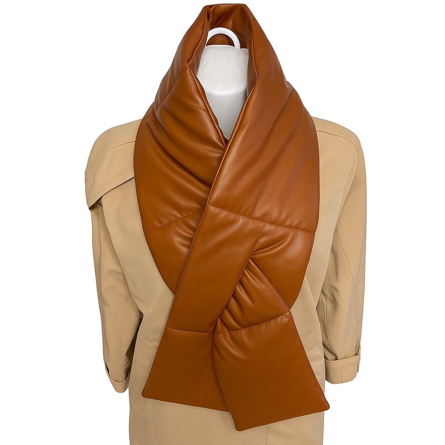 AQUA Faux Leather Quilted Puffer Scarf - Caramel Brown - NWT