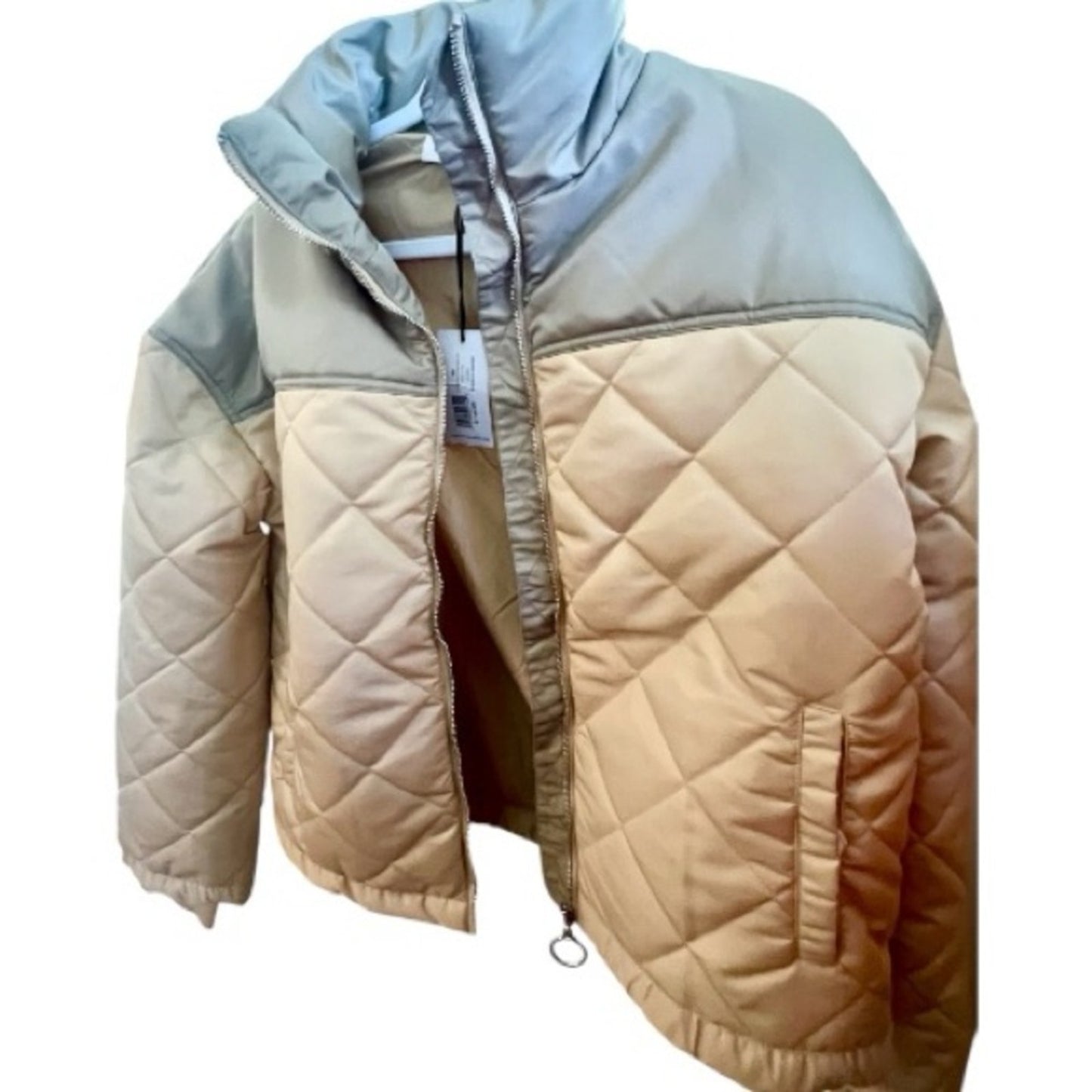 We Wore What Puffer Jacket in Beige/ Sage Color Blocked Women's Size XS NWT