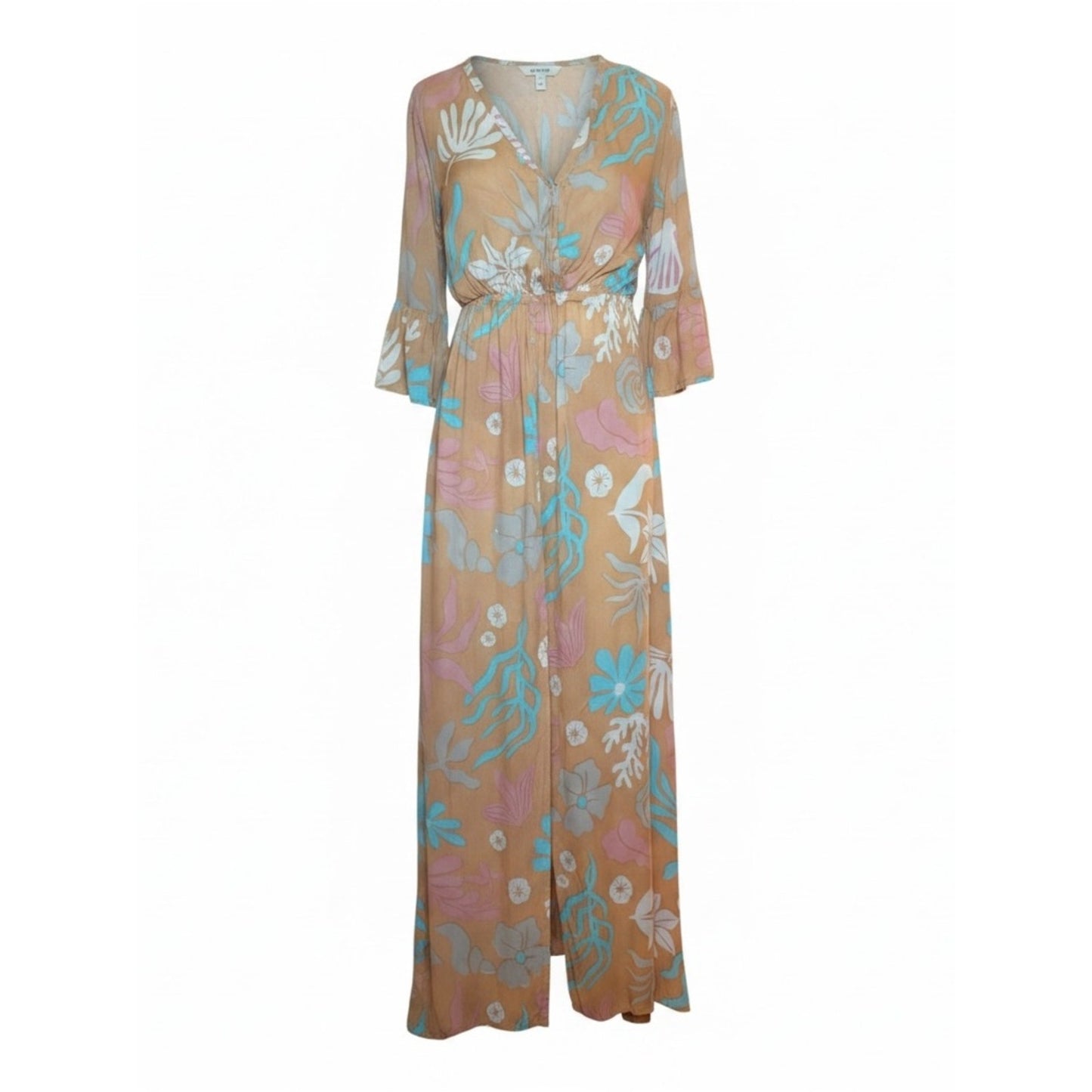 Tiare Hawaii Surry Maxi Dress NWT Brown Aqua Floral Size s/m