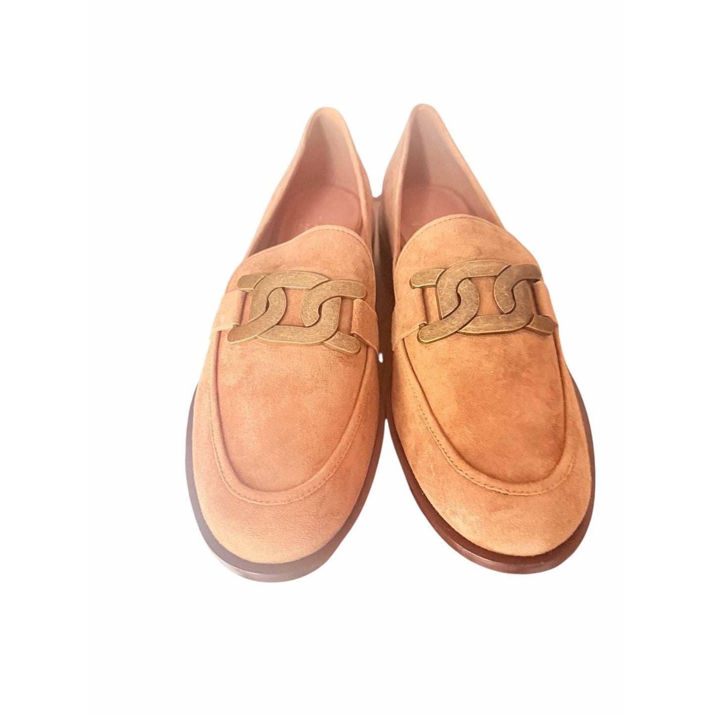 Linea Paolo Melise Camel Kid Suede Chain Loafers NIB Size 9.5