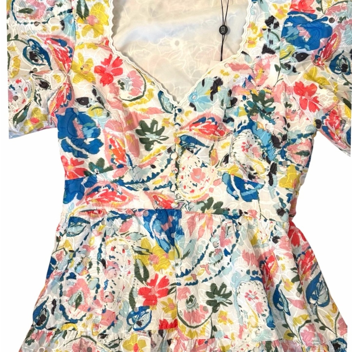 Elie Tahari Romantic Floral Eyelet Peplum Puff Sleeve Designer Top NWT Size 10