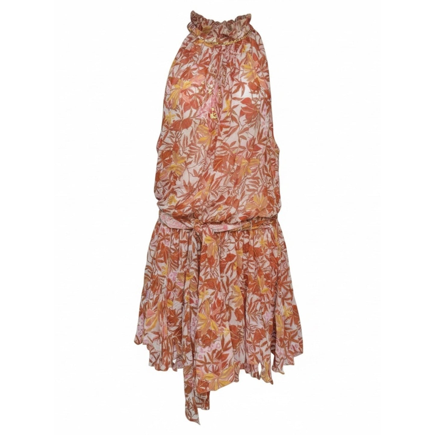Poupette St Barth Bianca Gold Orchid Beaded Silk Chiffon Resort Halter Dress L