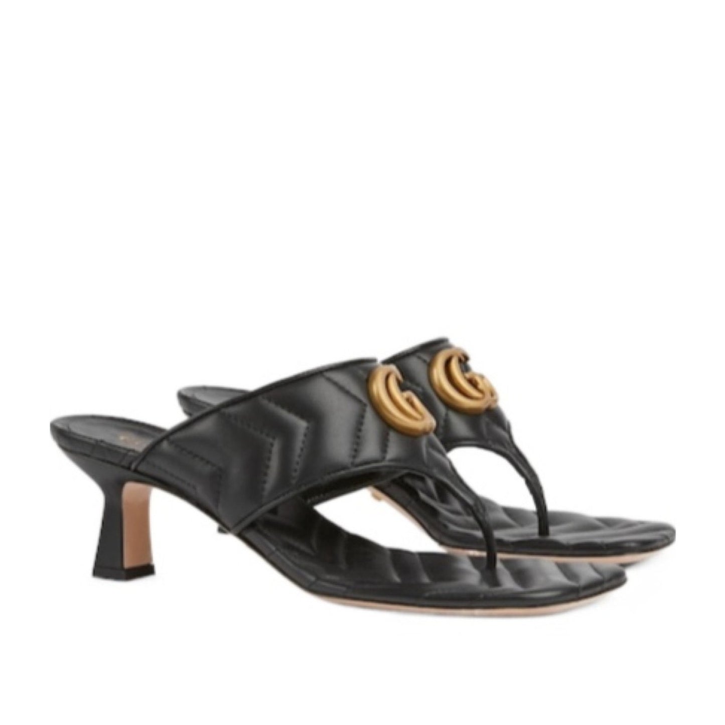 Authentic Gucci GG Marmont Quilted Leather Thong Heel Sandals Black Gold Size 7