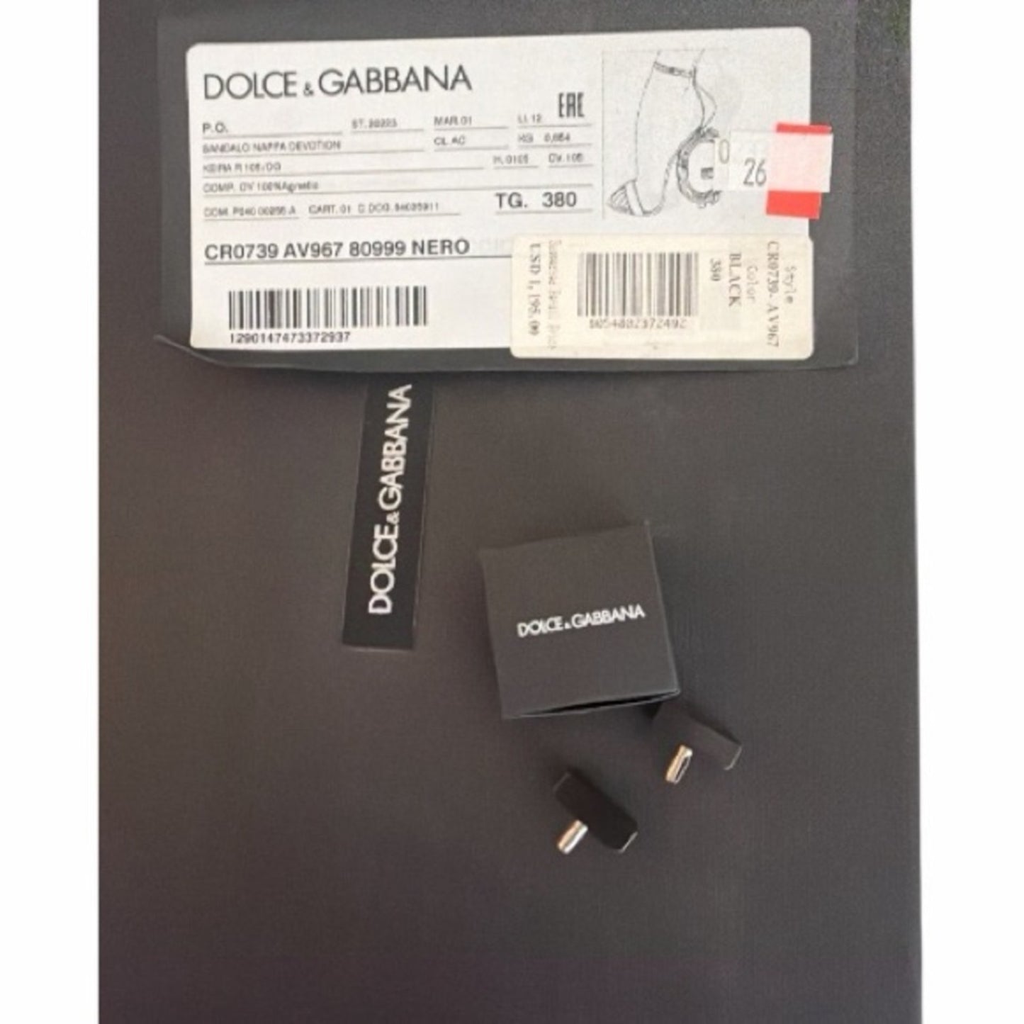 Dolce & Gabbana Black Leather Gold Logo Heel Sandals IT 38 NIB