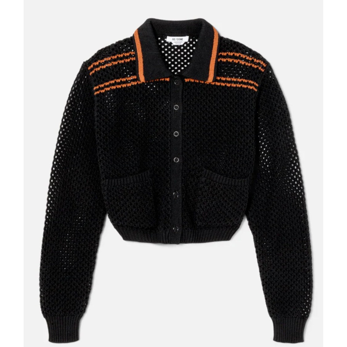 RE/DONE Black Crochet Mesh Polo Cardigan Women’s Size L