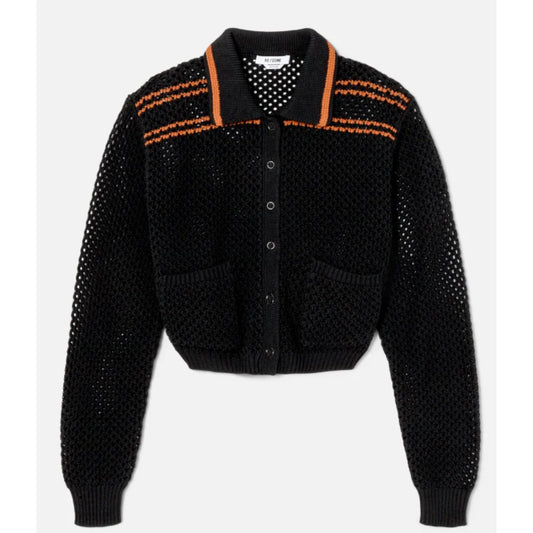 RE/DONE Black Crochet Mesh Polo Cardigan Women’s Size L