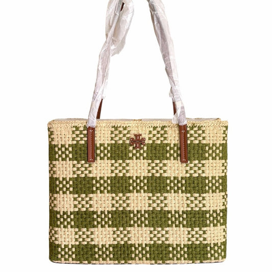 Tory Burch Blake Straw Center Zip Tote  Green & Cream NWT
