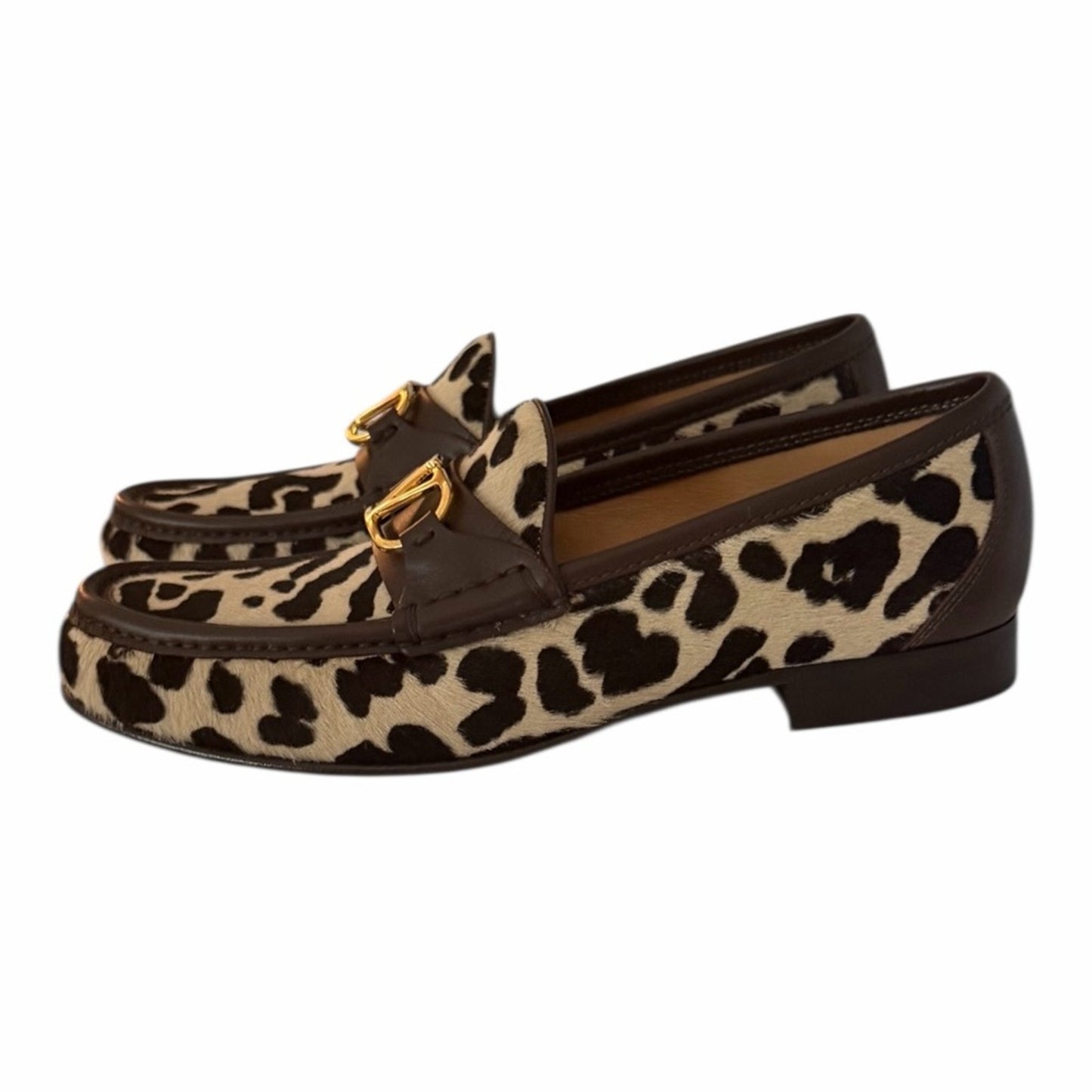 Valentino Garavani Pony Hair Leopard Loafers 39 Gold V Logo NIB