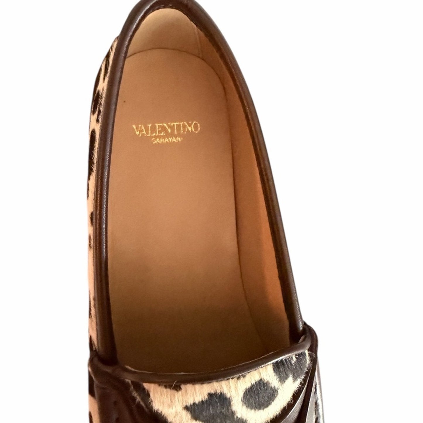 Valentino Garavani Pony Hair Leopard Loafers 39 Gold V Logo NIB