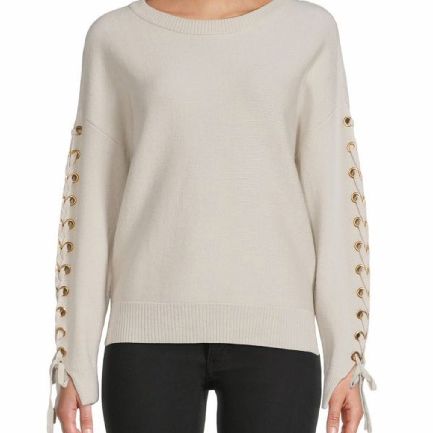 Elie Tahari Ivory Sweater with Lace-Up Sleeves NWT Size Large