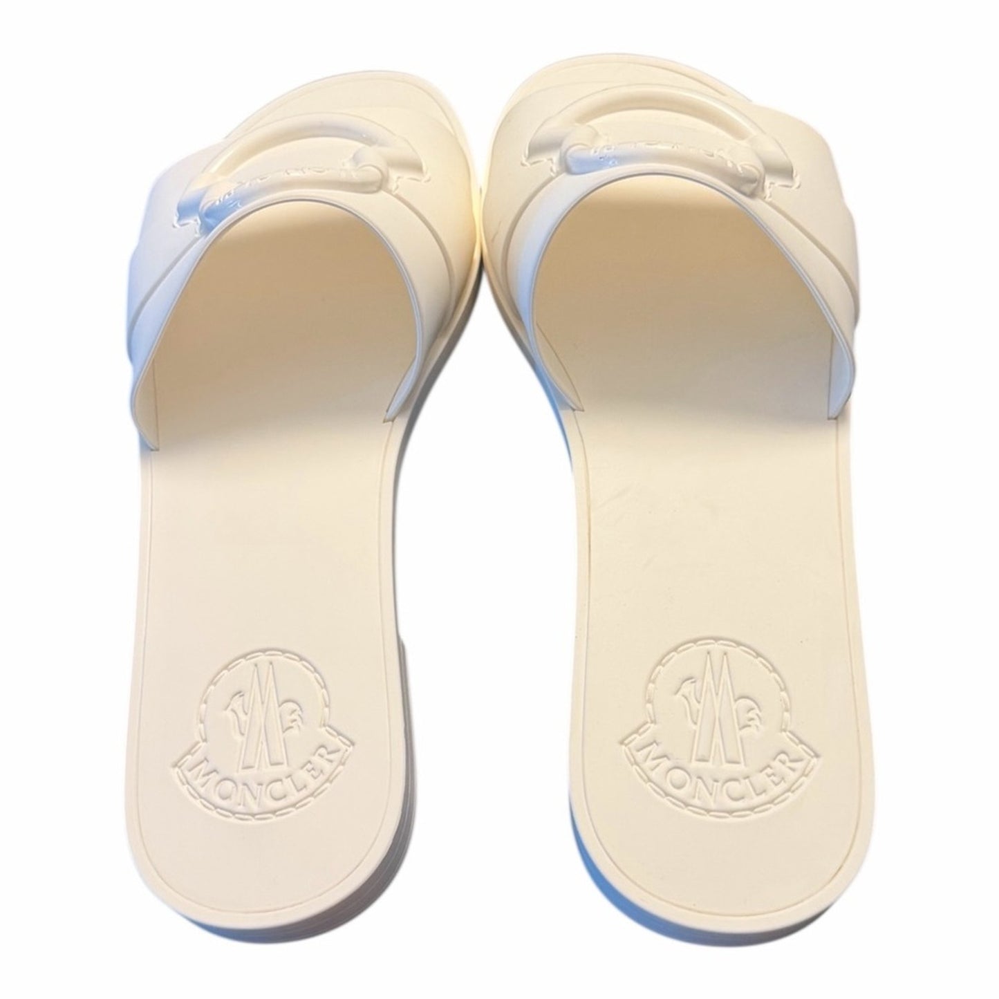 Moncler Mon Slide Sandals Cream Size 37 NIB Logo Minimalist Luxury Made in Italy