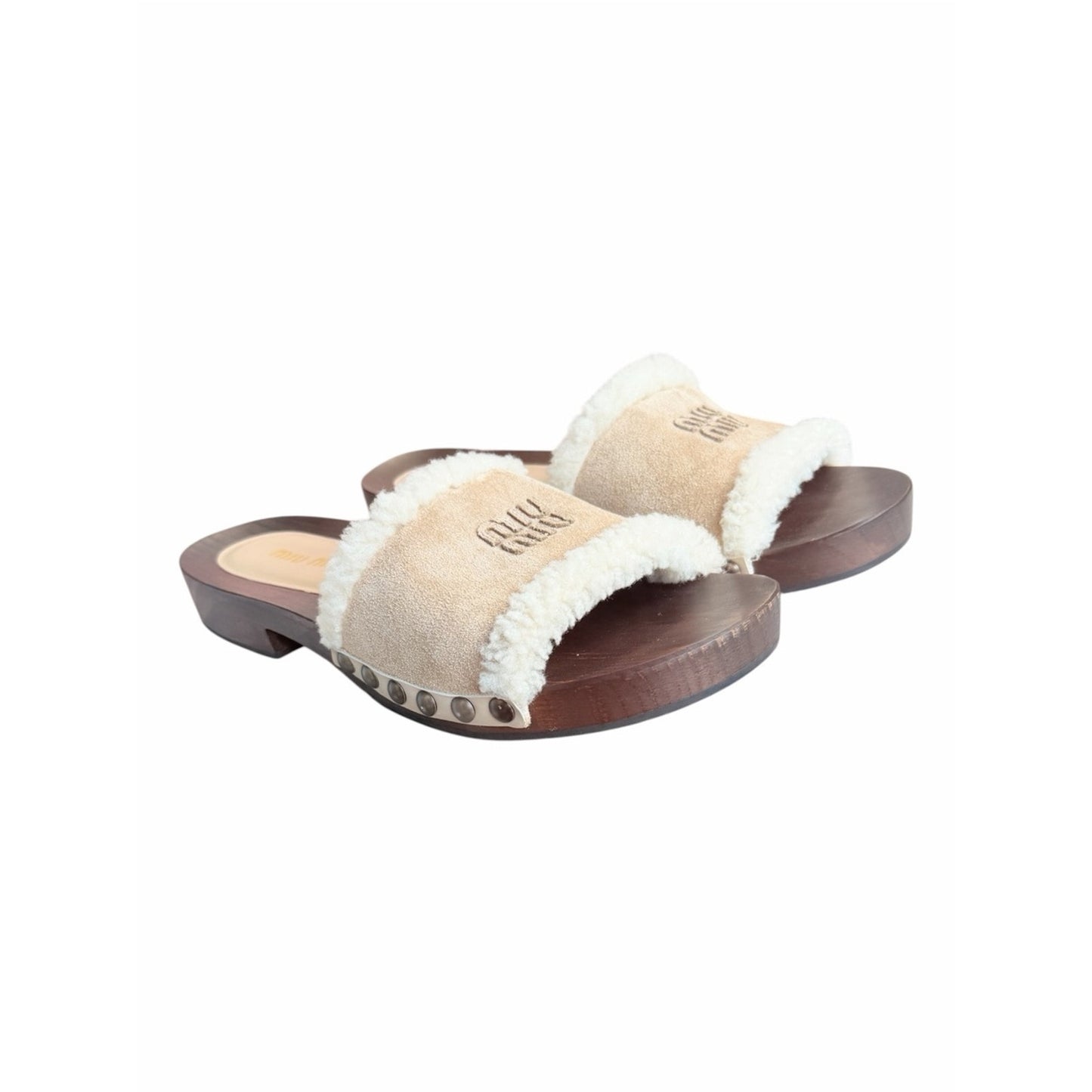 Miu Miu Suede Shearling Wooden Clog Slide Sandals Deserto 41 NIB