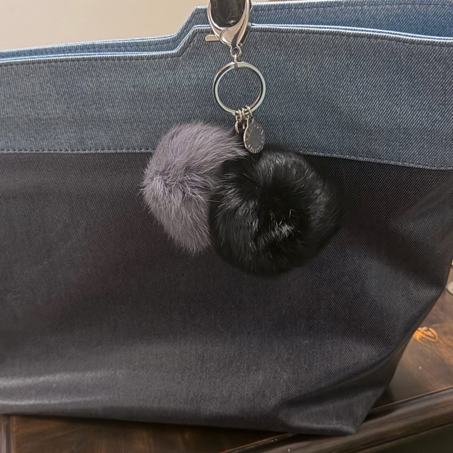 Rebecca Minkoff Black and Gray Pom Pom Key Holder New