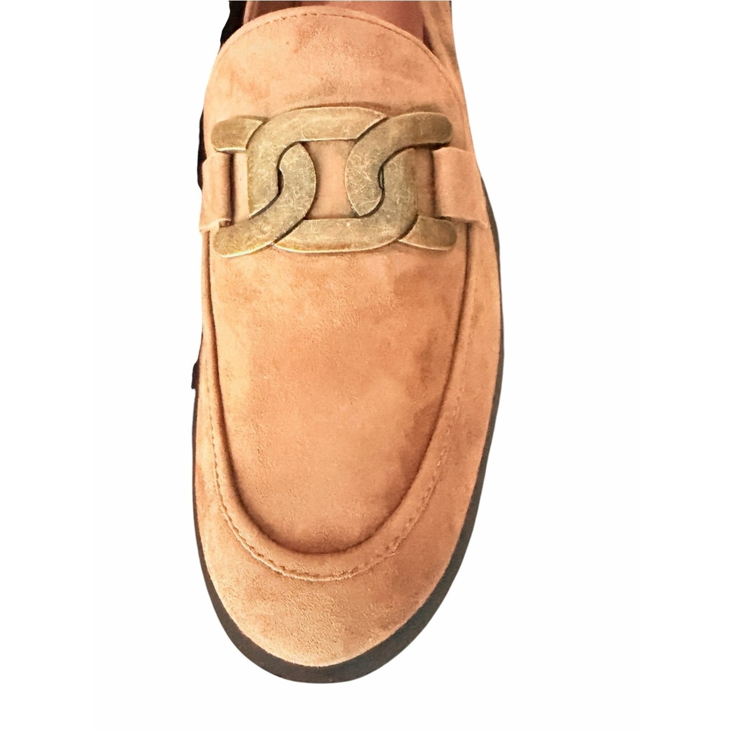 Linea Paolo Melise Camel Kid Suede Chain Loafers NIB Size 9.5