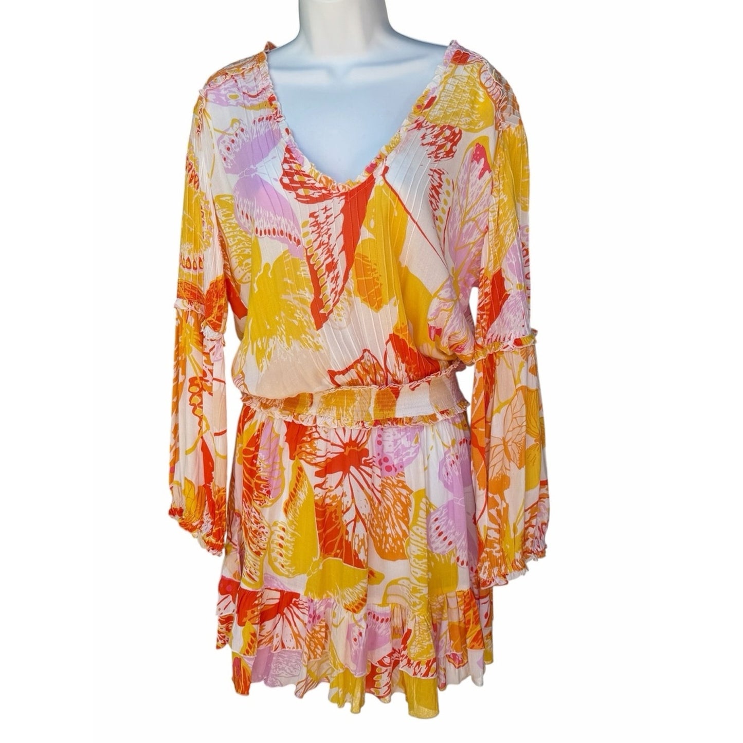 NEW Poupette St Barth Ilona M Yellow Macro Wings Butterfly Print Dress NWT