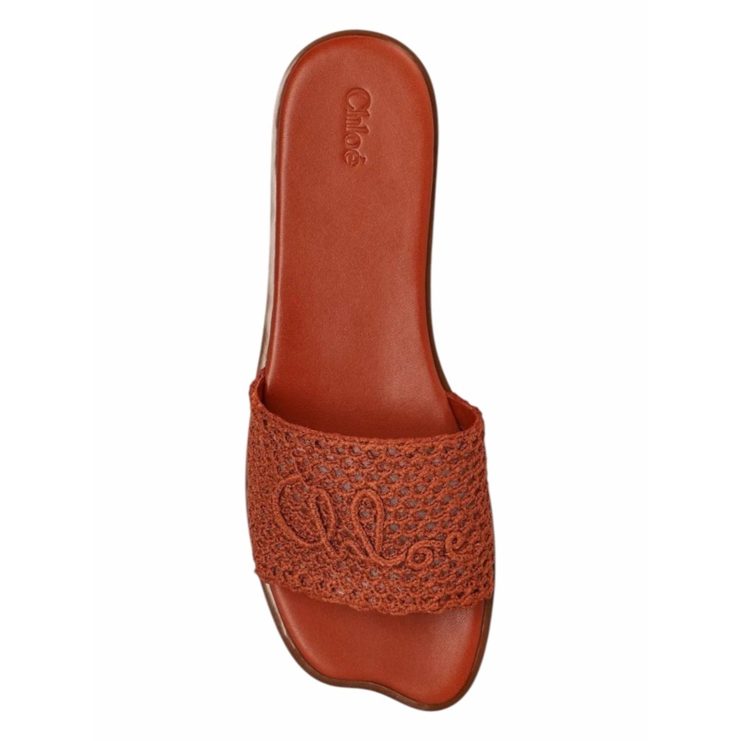 Chloé Flower Leather Crochet Logo Slide Sandals 37.5 / US 7.5 Rust Brown New