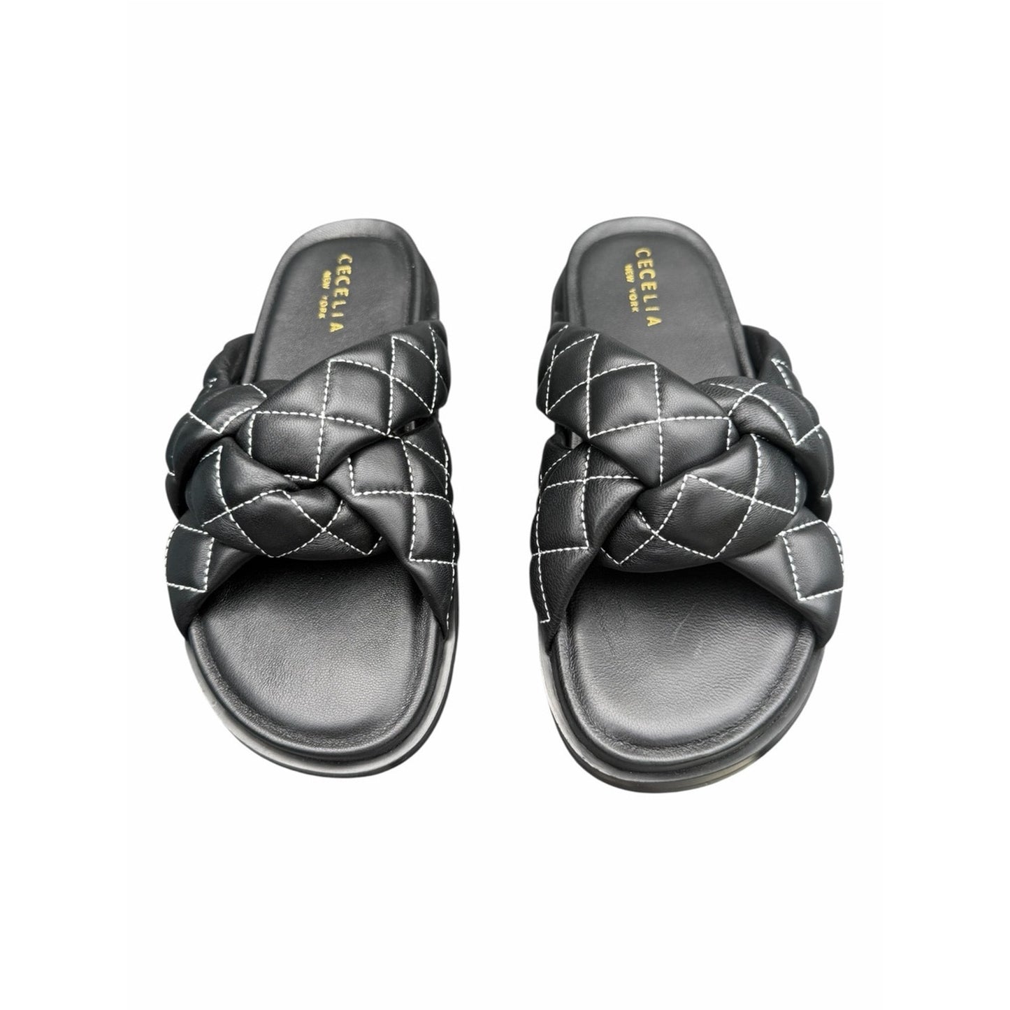 Cecelia New York Ellie Quilted Braided Leather Slide Sandals Black  5.5 New With Box