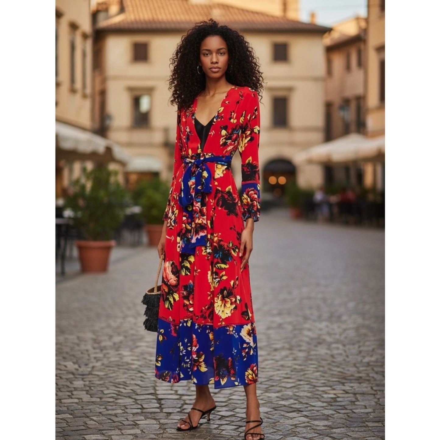 We Are Leone Silk Maxi Dress Duster Red Floral Peony Contrast NWT S/M Boho