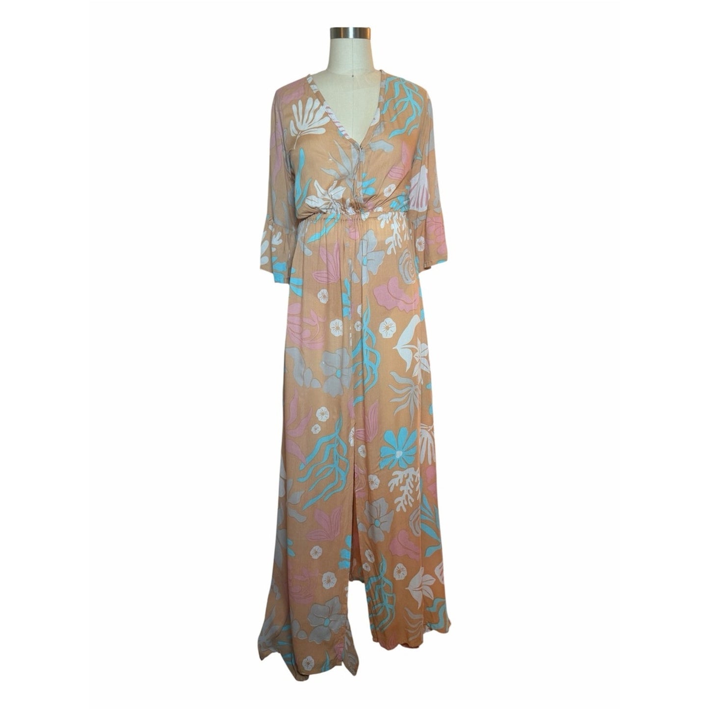 Tiare Hawaii Surry Maxi Dress NWT Brown Aqua Floral Size s/m