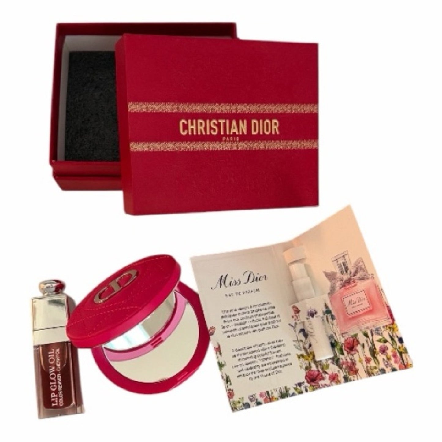 Christian Dior 4-Piece Gift Set,  Lip Glow Oil 062, Mirror , Miss Dior + Box NEW