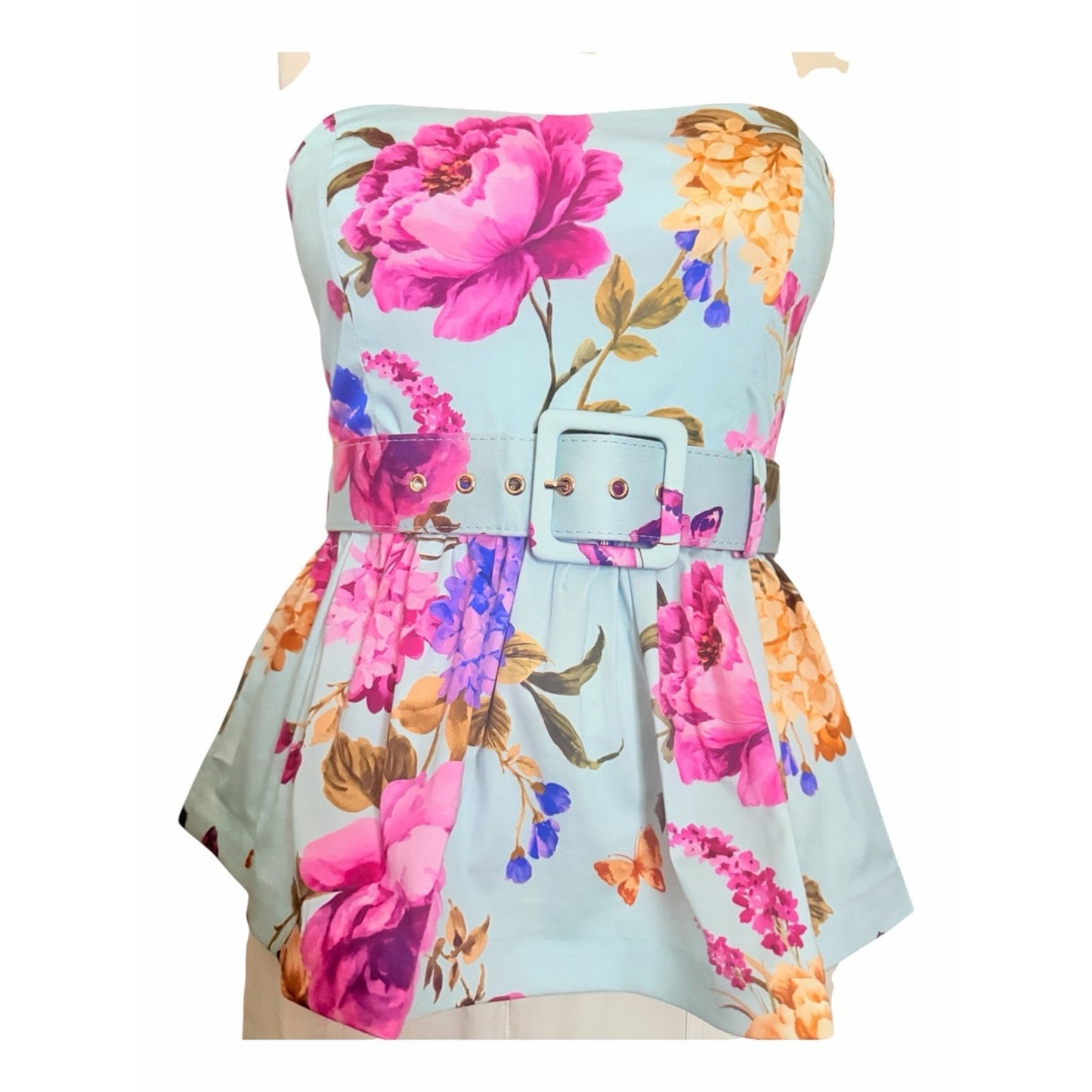 Prosperina Jamie Floral Bustier Peplum Belted Top NWT M