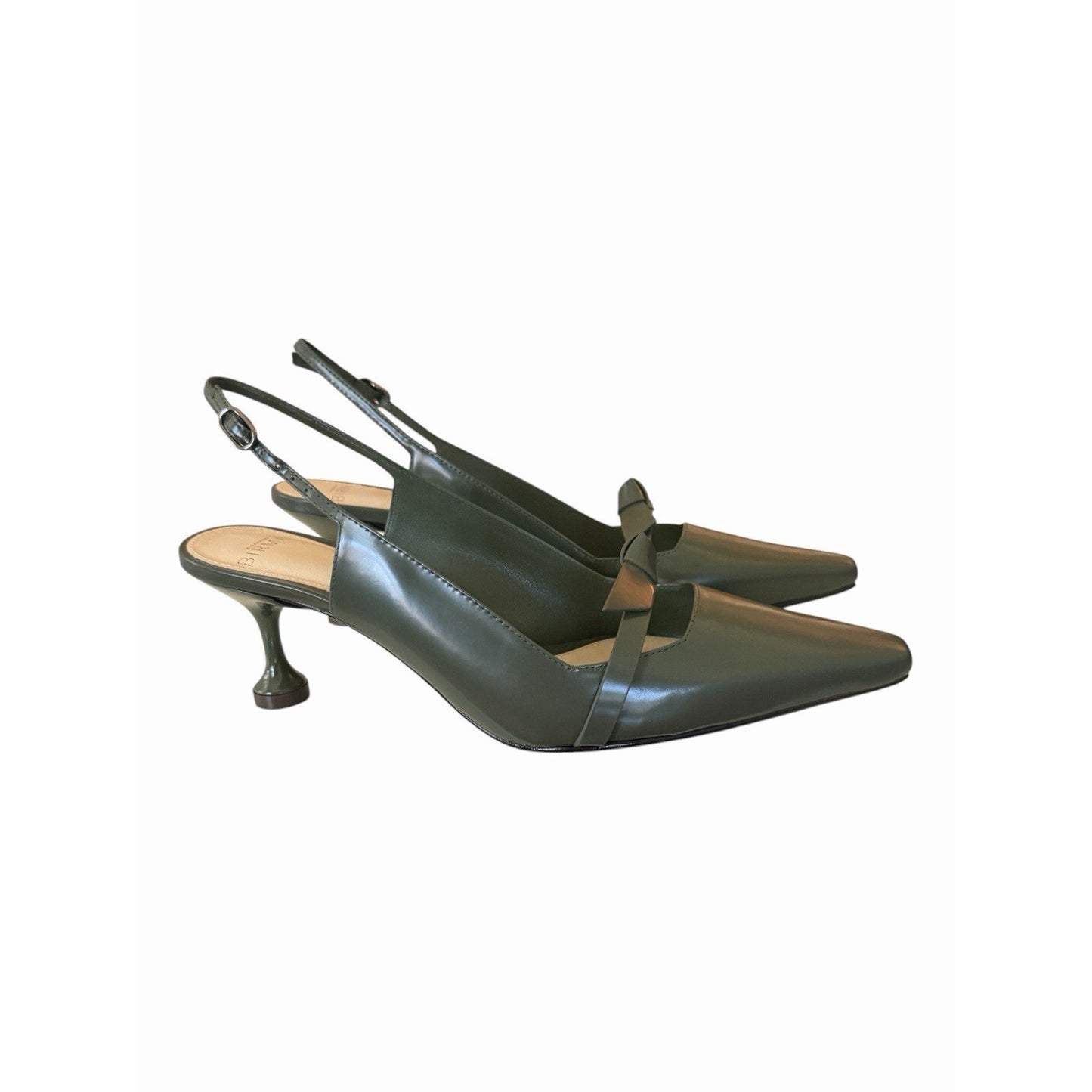 Alexandre Birman Slingback Pumps 37 Green Leather Bow Kitten Heel NIB