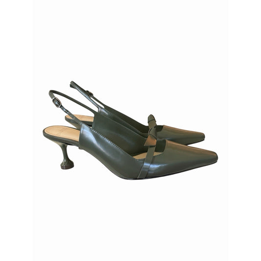 Alexandre Birman Slingback Pumps 37 Green Leather Bow Kitten Heel NIB