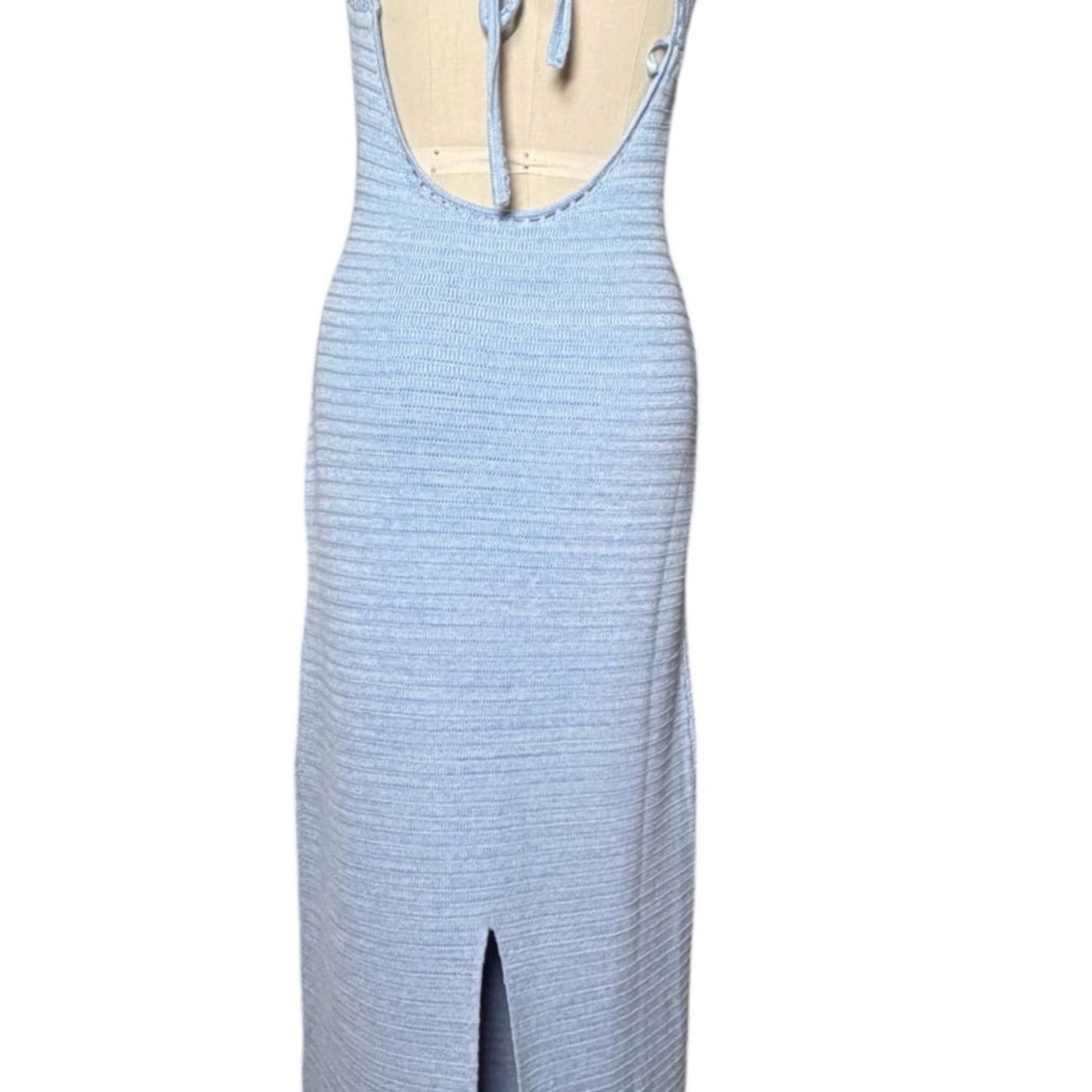 Torn by Ronny Kobo Madi Crochet Knit Maxi Dress Light Sky / White NWT Size L