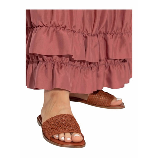 Chloé Flower Leather Crochet Logo Slide Sandals 37.5 / US 7.5 Rust Brown New