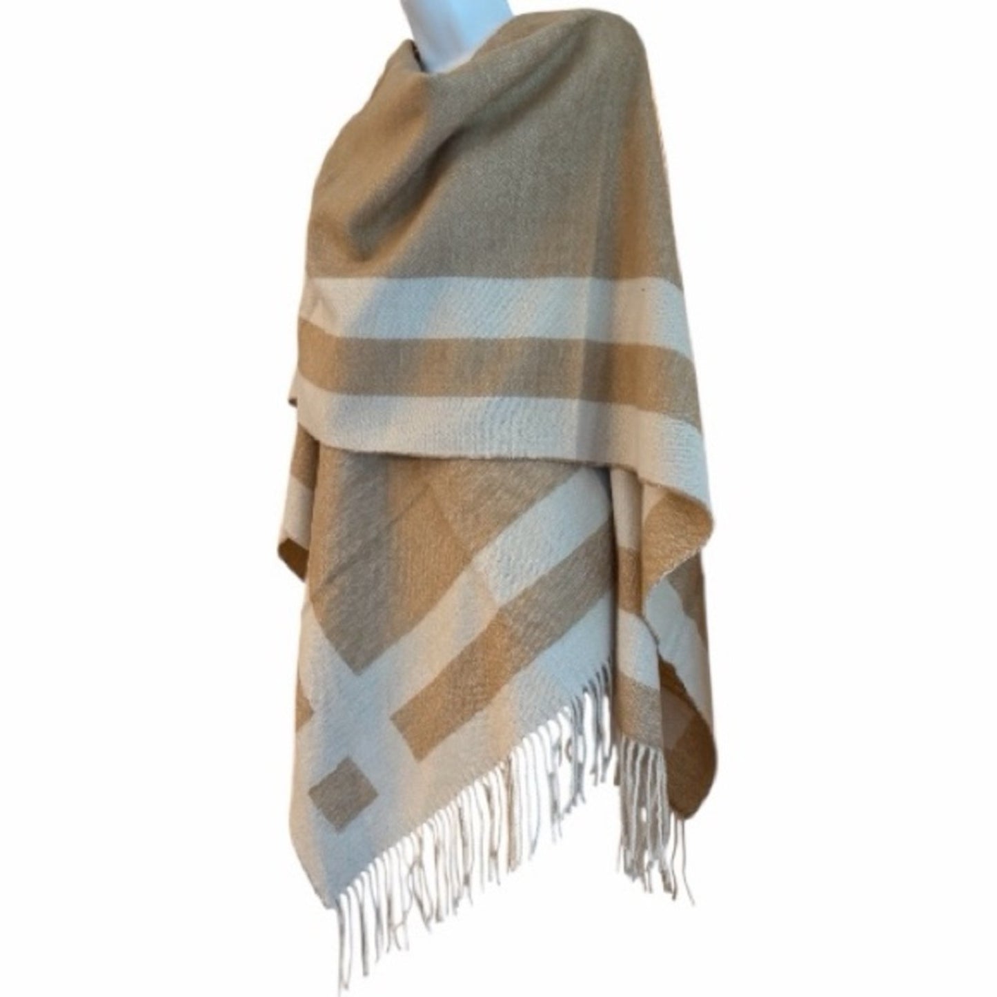 NWT Ted Baker Veruschka Reversible Poncho Wrap Camel Ivory Fringe OS