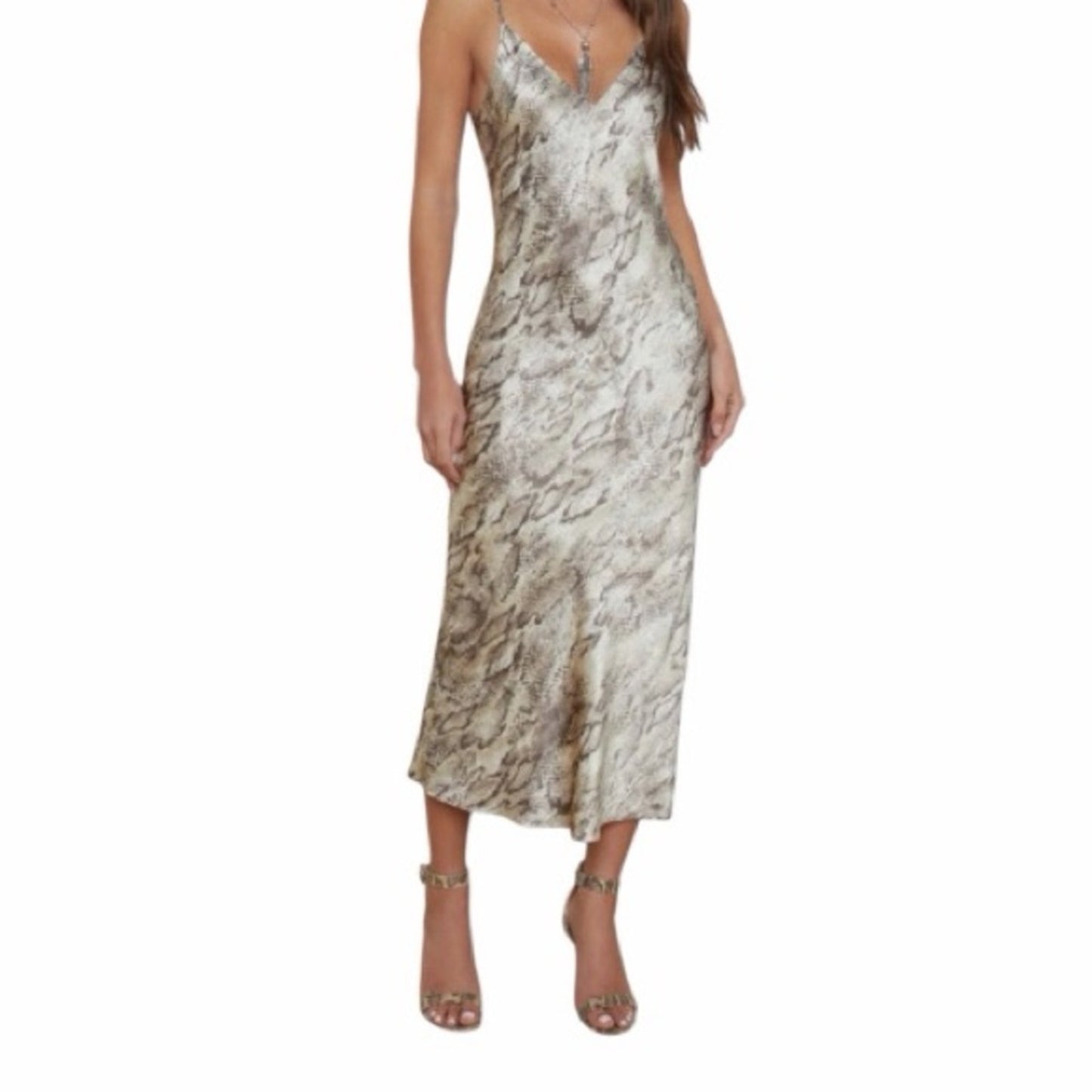 L’AGENCE Silk Snake Print Slip Dress Tan Midi Spaghetti Strap Size 10 NWT